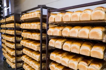 Blackout curtains Bakery Loafs of bread in a bakery on an automated conveyor belt