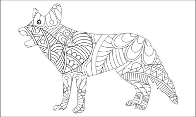 Coloring page of dachshund puppy, dog symbol of 2018 Chinese New Year. Freehand sketch drawing for adult antistress colouring book with doodle and zentangle elements.