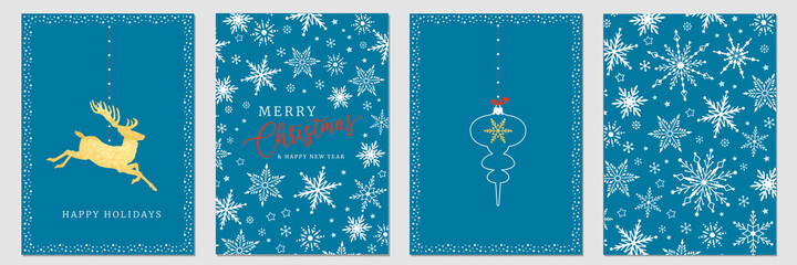 Holidays cards with Christmas motif, snowflakes, gold ornament snow frames and  green background. Winter vector set templates