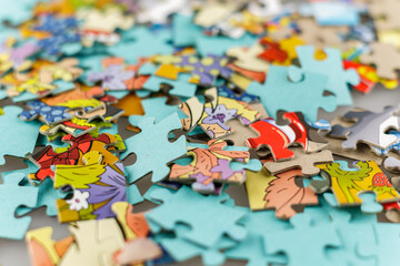 Mosaic game, puzzles for assembling pictures and training imagination and memory, selective focus