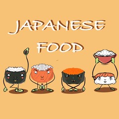japanese sushi characters On yellow background. Illustration Japanese food.