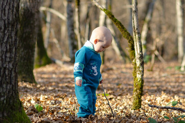 Funny little toddler girl in a red jacket and colorful knitted hat and scarf playing with golden maple leaves in a sunny park with yellow and orange trees on a warm autumn day