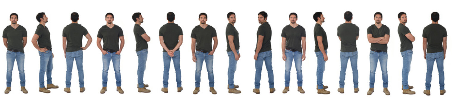 line of same man with various poses on white background