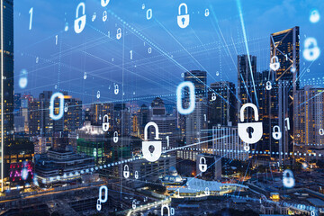 Glowing padlock hologram, night panoramic city view of Kuala Lumpur, Malaysia, Asia. The concept of cyber security shields to protect KL companies. Double exposure.