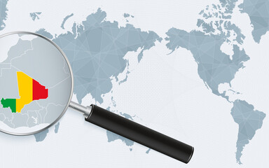 Asia centered world map with magnified glass on Mali. Focus on map of Mali on Pacific-centric World Map.