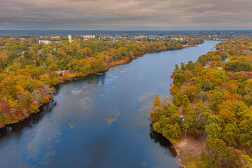 Fototapeta na wymiar overcast aerial image of a fall lake