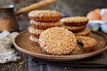 Homemade baking. Flourless sesame cookies and coffee