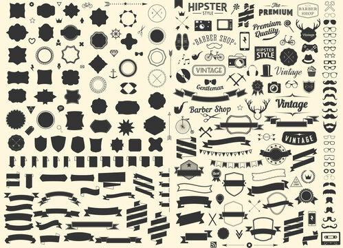 Set vintage design hipster icons, signs symbols templates set phone, gadgets, mustache, ribbons infographcs. Frames. Tags. Scroll Clip Art. Mailbox Monogram. Monogram Frame. Basic Shapes. Banners