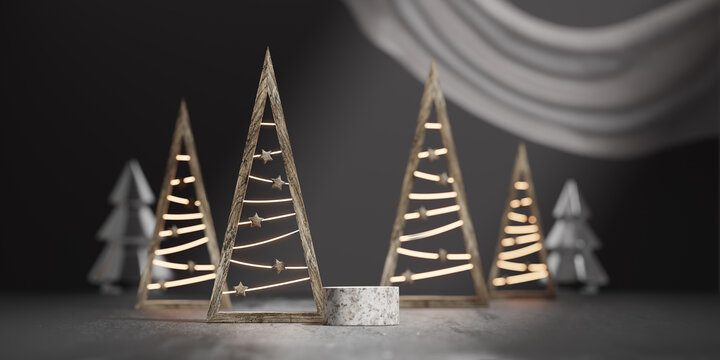 3D podium display, wood Christmas tree background for product. Modern Christmas dark backdrop with snow stand.  Pedestal concrete, luxury showcase. Studio abstract, winter 3D render.