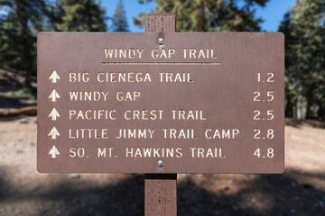 Windy Gap and Pacific Crest Trail sign near in the San Gabriel Mountains area of Los Angeles...