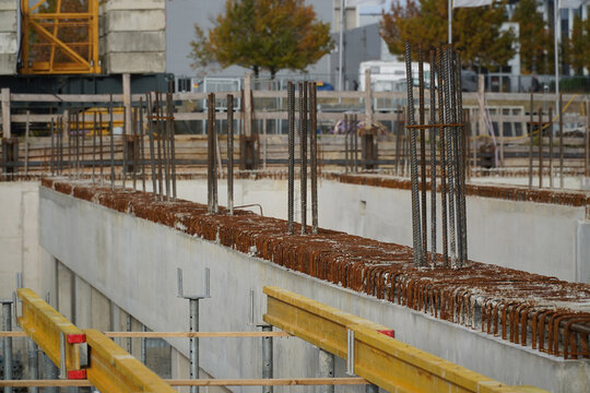 Construction rebar steel work reinforcement. Reinforcement steel bars stack. Construction of a new high-rise building in Hannover, Lower Saxony, Germany.