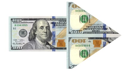 Arrow made of new 100 dollars isolated on white background