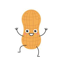 Peanut cute cartoon character hand greeting smiling face happy emotions beautiful nut vector illustration.