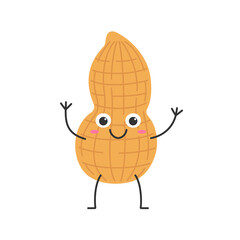 Peanut cute cartoon character hand greeting smiling face happy emotions beautiful nut vector illustration.