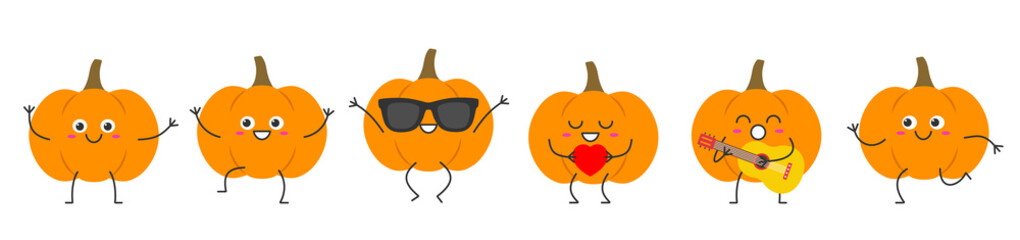 Set pumpkin character cartoon face smiling joy vegetable jumping running loves sings happy emotions icon vector illustration.