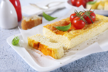 Omelet cake with cherry tomatoes for healthy breakfast