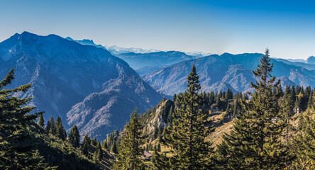 Blick vom Rauschberg im Chiemgau bei Sonnenschein, blauem Himmel  und guter Fernsicht