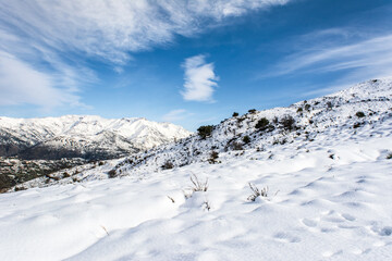 Obraz premium Winter and cold Algeria in North Africa, Winter snow mountain cabin panorama. Winter mountain snow panorama. landscape winter mountain snow. Snowy winter mountains, jijel Algeria