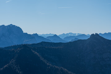 Blick vom Rauschberg im Chiemgau bei Sonnenschein, blauem Himmel  und guter Fernsicht
