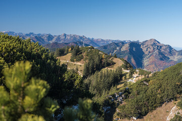 Blick vom Rauschberg im Chiemgau bei Sonnenschein, blauem Himmel  und guter Fernsicht