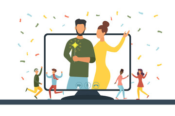 Fototapeta premium Christmas virtual meeting. Video call with friends at home. Vector illustration.