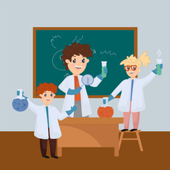 Teaching children at school. Laboratory with children in Chemistry class. The teacher helps with homework. Science for children. Beautiful classroom with students. Vector illustration