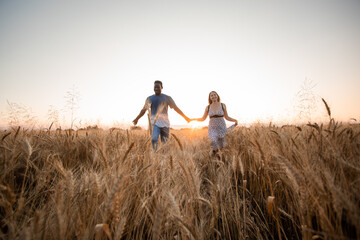 Mixed race young adult couple holding hands while walking in field