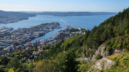 View of the fjord, Bergen, city, mountains, forest, sea in Norway.