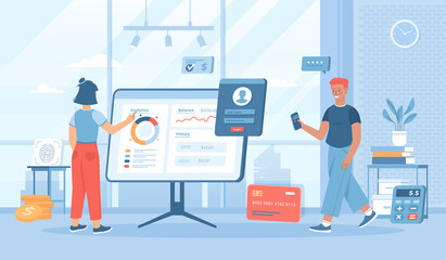 Virtual finance. Online banking and accounting. Online paying, financial transactions, accounting research. Flat cartoon vector illustration with people characters for banner, website design