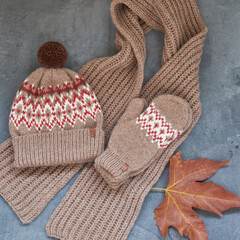 Handmade knitted hat mittens and a scarf isolated