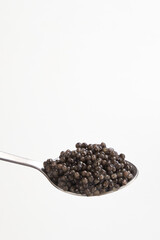 Black caviar close up isolated white background