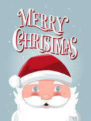 Merry Christmas hand lettering sign with hand drawn Santa Claus and stars on light blue background. Colorful festive vector illustration
