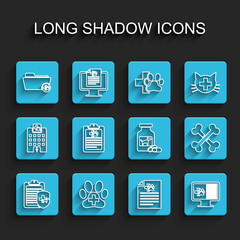 Set line Clinical record pet, Veterinary clinic, Medical veterinary folder, certificate for dog cat, on monitor, Crossed bones and Dog medicine bottle and pills icon. Vector