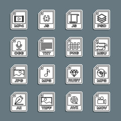 Set line MOV file document, MP3, M3U, JS, TXT, OGG, MP4 and PNG icon. Vector
