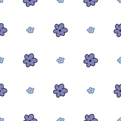 Seamless pattern. Doodle style hand drawn. Nature elements. Violet and blue flowers on a white background.