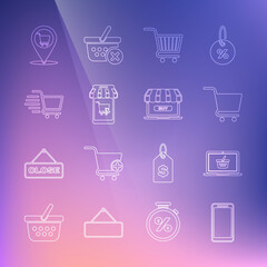 Set line Smartphone, mobile phone, Shopping basket laptop, cart, Mobile and shopping, Location and Online icon. Vector