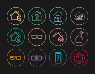 Set line Power button, Smart home with wi-fi, settings, Glasses, House humidity, under protection, and icon. Vector