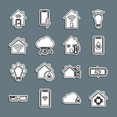 Set line Smart home, Battery, Humidity for smart, with wi-fi, Internet of things, remote control system and House temperature icon. Vector