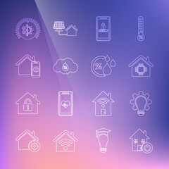 Set line Smart home, Light bulb and gear, Mobile password protection, Humidity, remote control system, Thermostat and icon. Vector
