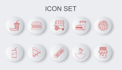 Set line Pizzeria building facade, Soda can with drinking straw, Fast street food cart, Nachos plate, and hotdog, Burger, Slice of pizza and Hotdog sandwich icon. Vector