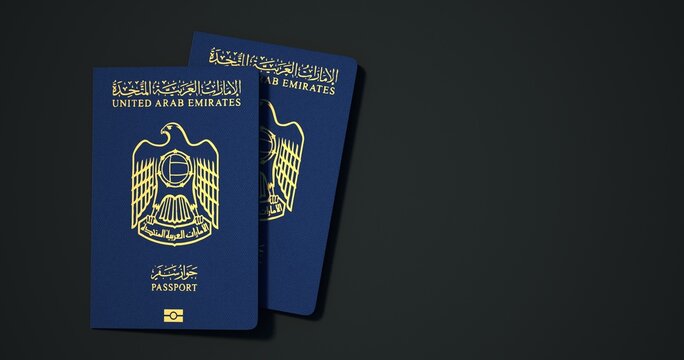 UAE Passport.
Passport from different countries with dark backgrounds 3d rendering.