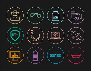 Set line Leather fetish collar, Male and female heart, Bottle with pills for potency, Anal beads, Shield 18 plus, Shopping bag, Laptop content and Handcuffs icon. Vector