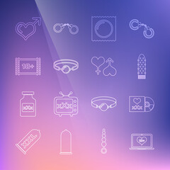 Set line Laptop with 18 plus content, Disc inscription Sex, Dildo vibrator, Condom package, Silicone ball gag, Play Video, Male gender and heart and female icon. Vector