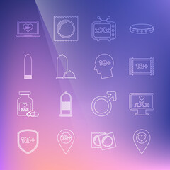 Set line Location with heart, Monitor 18 plus content, Play Video, Sex tv old television, Condoms safe sex, Dildo vibrator, Laptop and Head icon. Vector