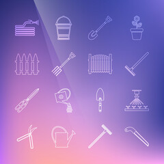 Set line Garden saw, Automatic irrigation sprinklers, rake, shovel, pitchfork, fence, hose fire hose and icon. Vector