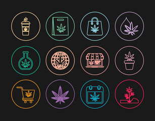 Set line Planting marijuana, Marijuana plant pot, Shopping bag of, Legalize, Test tube with, Cup coffee, Online buying and icon. Vector
