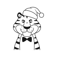 Cute angry thin line tiger portrait isolated on white background. Black and white outline displeased character in Santa hat. Chinese New Year symbol Christmas vector illustration for kid coloring page