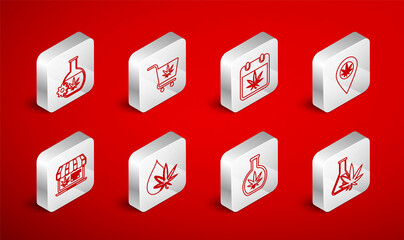 Set line Test tube with marijuana, Shopping cart, Calendar and, Location, Marijuana or cannabis leaf oil and Online buying icon. Vector