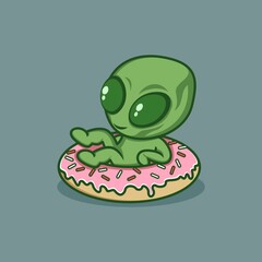cute cartoon alien character relaxing on a big donut. vector illustration for mascot logo or sticker