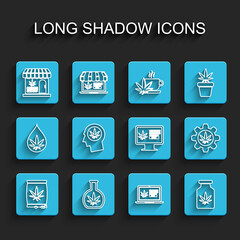 Set line Marijuana or cannabis seeds, Test tube with marijuana, and store, Online buying, Medical bottle, Head profile, and icon. Vector